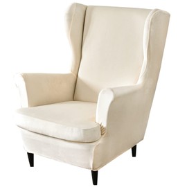 MIFXIN Wingback Chair Slipcovers 2-Piece Velvet Stretch Fabric Wing Chair Cover with Cushion Cover Armchair Sofa Furniture Protector with Elastic Bottom for Living Room (Light Beige)