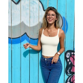 OQQ Women Sleeveless Tank Top Adjustable Fitting Scoop Neck Stretch Clothes Basic Cami Shirts 2025 Beige