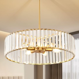 VIOLOEMI Modern Gold Semi Flush Mount Ceiling Light, Crystal Dining Room Chandelier Light Fixture, 6-Light Drum Lighting Fixtures for Foyer Kitchen Living Room Bedroom (19.6 inch)