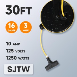 EP 30 Ft Retractable Extension Cord Reel, 16/3 SJTW Power Cord with 3 Electrical Outlets, Ceiling or Wall Mount, 10 Amp Circuit Breaker, Metal Plate, UL Listed, Yellow