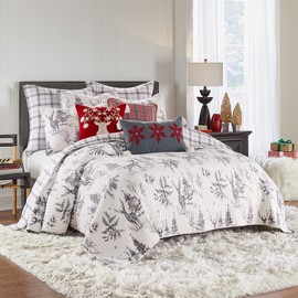 Levtex Home - Sleigh Bells Quilt - King/Cal King Holiday Quilt 106x92 - Christmas Tree and Reindeer - Grey and White - Reversible - Cotton/Poly