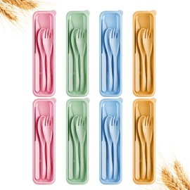 Quatish Reusable Travel Utensils Set with Case, 8 Sets Wheat Straw Camping Utensil Sets, Portable Kids Lunch Accessories, Cutlery Set for Picnic, Work, School, Lunch (Green, Beige, Pink, Blue)