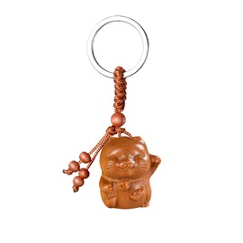 Mansiyuyee Peach Wood Hand-carved Lucky Cat Keychain for Women, Japanese Maneki Neko Good Luck Charm with Ring