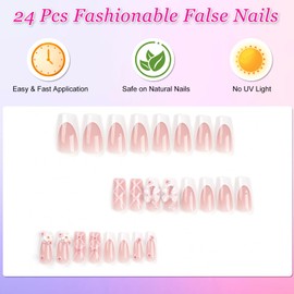 24Pcs French False Nails Medium Long, Square Pink Press on Nails with 3D Bow and Flowers Design, Ballerina Full Cover Fake Nails, Removable Acrylic Stick on Nails for Women Girls Nail Art Accessories