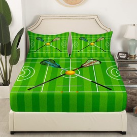 Lacrosse Kids Fitted Sheet Twin Size,Lacrosse Field Winter Ball Sports Games Bedding Set,Girls Boys Adults Xmas Decor,Modern Athletic Competition Bed Cover,Green Bed Sheet,1 Pillowcase