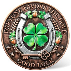 Fortune Favors the Bold Lucky Coin with Protective Case - High Relief Zinc Alloy Good Luck Collectible, Horseshoe & Four-Leaf Clover Keepsake Gift for New Beginnings & Success (1.57") ﻿ ﻿ ﻿
