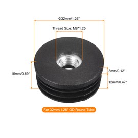 sourcing map 30Pcs Plastic Threaded Tube Inserts with M8 Thread, for 32mm/1.26" OD Round Tube, Adjustable Round Black Plastic Plug Caster Insert Chair End Caps Furniture Leg Plug