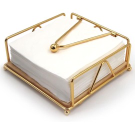 Metal Napkin Holder with Weighted Arm,Metal Napkin Holder with Wooden Base,Square Napkin Holder,Elegant Paper Napkin Dispenser,Metal Flat Napkin Holder for Kitchen Counter, Dining Table (Gold)