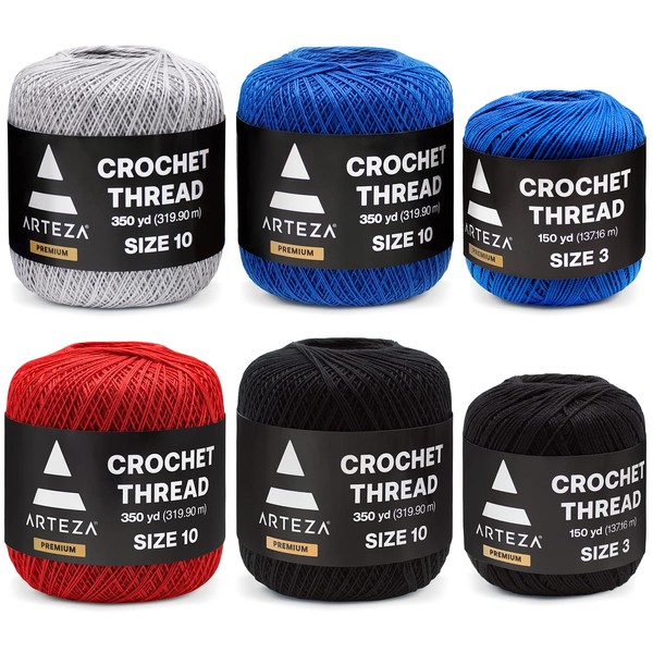ARTEZA Crochet Thread Set of Black, Gray, Blue & Red