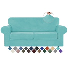 WEERRW Velvet Couch Covers for 2 Cushion Couch Sofa - High Stretch Luxury Velvet Plush 3 Pieces Sofa Slipcovers with Elastic Bottom, Furniture Protector for Pets, Machine Washable, Aqua, Medium