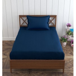 Trance Home Linen 100% Cotton 210 TC Single Fitted Bedsheet 78" * 36" with 1 Pillow Cover (Navy Blue)