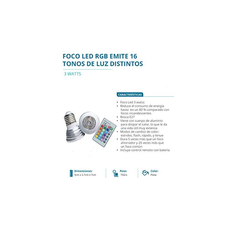 Foco Led Rgb 16 Colores 3w Base E27 Control Remoto