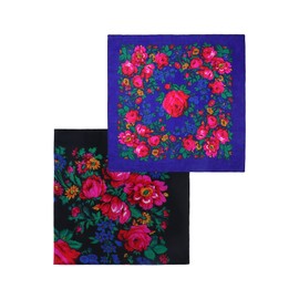 MJ SERECA Acrylic Bandana Printed Head Scarf - Square Ukrainian Floral Babushka Neck Scarf for Women 42"/60" (2 Pack - F 42")