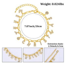 Gold MERRY CHRISTMAS Letter Charm Link Bracelet for Women 14K Gold Plated Christmas Bracelet with Cute Dangle Cubic Zirconia Pendant Bracelet Adjustable Chain Party Trendy Xmas Jewelry Gift for Women