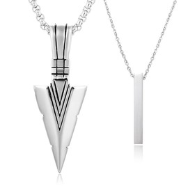 2Pcs Arrow Necklace Stainless Steel Bar Necklaces Set for Men Silver/Black Cool Spear Point Arrowhead Pendant Necklace Vertical Long Bar Chain Necklace for Women Matching Necklaces Layered Necklaces Set (Silver)