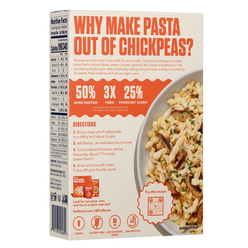 Banza Gemelli Pasta from Chickpeas - Gluten Free, High Protein,