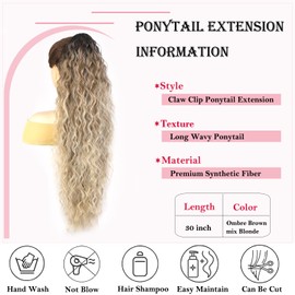 ENBEAUTIFUL 30" Claw Clip Ponytail Extension Long Wavy Ponytail Extension Synthetic Pony Tails Hair Extensions Clip in Hair pieces for Women Ombre Brown mix Blonde