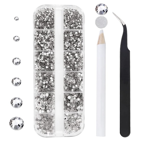 12 Grids 3792pcs Pieces Clear Flatback Rhinestones for Crafts,White Nail Gems Gemstones Crystals Jewels,Craft Glass Diamonds Stones Bling Rhinestone with Tweezers and Picking Pen(SS6~SS20 Crystal)