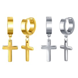 Feilok 2 Pairs Stainless Steel Cross Huggie Hoop Mens Stud Earrings Set Piecing Jewellery for Women unisex silver gold