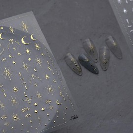 Moon Star Nail Art Stickers Decals 3D Gold Bronzing Nail Stickers Laser Star Moon Luxury Nail Design Self-Adhesive Nail Decals Manicure Sliders for Women Girls DIY Nail Art Decorations Supplies