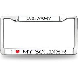 I Love My Soldier Metal Chrome Auto License Plate Cover,Proud US Army Classic Black License Plate Frame with Theft-Proof Screw Caps
