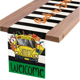 Back to School Table Runner, Black and White Striped with School Bus Design, Welcome Decor 13*48 inch