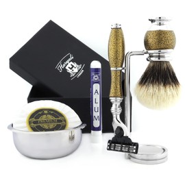 Haryali London 6 Piece Mens Shaving Set with 3 Blades, Badger Hair Brush, Bowl, Stand, Soap and Alum Perfect Gift Set for Men