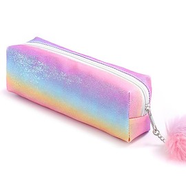 PHOGARY Glitter Preppy Pencil Pouch for Girls, Cute Pastel Pen Case Fluffy Zip Pull Pouch Bag Holographic Pencil Case, Sparkling School Stuff Stationery Shimmery Makeup Bag