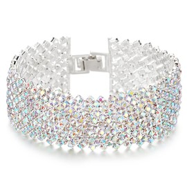 COOLSTEELANDBEYOND Sparkling Women's Rhinestone Pave Cluster Wide Bracelet Charm Bracelet Bling, Metal, No gemstone