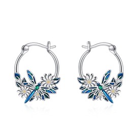 Hummingbird/Dragonfly/Bee/Owl Earrings Gifts Sterling Silver Small Dragonfly Hoop Earrings Jewellery Unique Flower Hoop Earrings for Women Teenager Girls, Sterling Silver, Enamel