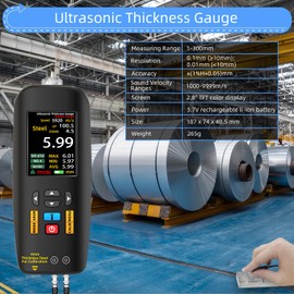 BSIDE Ultrasonic Thickness Gauge Meter, 1-300mm Range with Color Display, Rechargeable Ultrasonic Thickness Tester with Probe for Measuring Metal Steel Silver Plastic Glass PVC Aluminum Pipes Ceramics