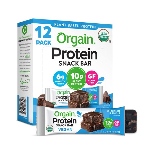 Orgain Organic Vegan Protein Bars, Chocolate Brownie - 10g Plant Based Protein, Gluten Free Snack Bar, Low Sugar, Dairy Free, Soy Free, Lactose Free, Non GMO, 1.41 Oz (12 Count)