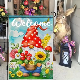 BlissYard Easter Garden Flag 12x18 Inch Double Sided Cute Gnome Garden Flags Spring Gnome and Flowers Theme Yard Flag Polyester Yard Decoration for Outdoor Lawn and Patio
