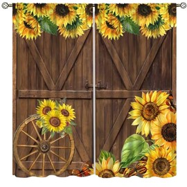 Rustic Sunflower Curtains Vintage Farmhouse Wooden Board Barn Door Flower Daisy Plant Curtains for Bedroom Living Room Western Country Farmhouse Drapes 2 Panels Total Size 42 x 45 Inch