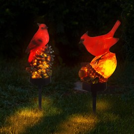 Capoda 2 Pieces Cardinal Garden Decorations Resin Bird Figurine Solar Light Stake Waterproof Animal Light Outdoor Decorations for Patio Yard Lawn Porch Pathway Scare Birds Away Decoration