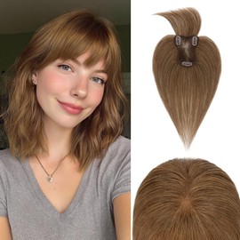 S-noilite Hair Toppers for Women Real Human Hair, 8 * 11inch Handmade Base Human Hair Topper with French Bangs 360°3D Cover Clip in Bangs(Medium Brown,French Bangs)