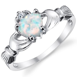 Sterling Silver 925 Irish Claddagh Friendship & Love Ring with Simulated Opal Heart 10