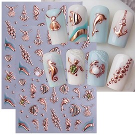 CharmeFleur Ocean Style Nail Art Stickers 5D Relief Marine Life Nail Decal Pack of 2 Golden Shell Starfish Sea Animal Summer Nail Design Stickers for Nails
