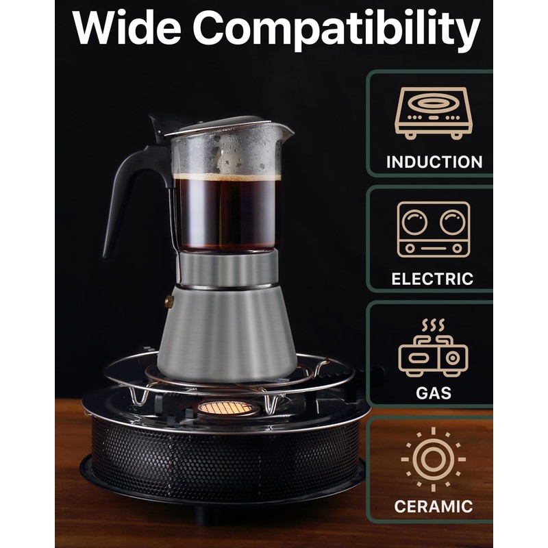 Grasseed Crystal Glass-Top Moka Pot, Brushed Stainless Steel Stovetop Espresso