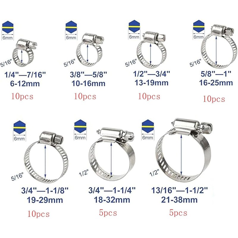 60-Piece All-inclusive Hose Clamp Combo Kit, Adjustable 1/4" - 1-1/2"