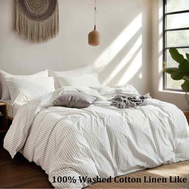 Nanko 100% Washed Cotton Striped Duvet Cover Set Queen Size Linen Like, White Grey Pattern Soft Bedding Sets Comforter Covers with Zip Tie Modern Farmhouse Natural for Women Men Teen 3Pc 90 x 90 Gray