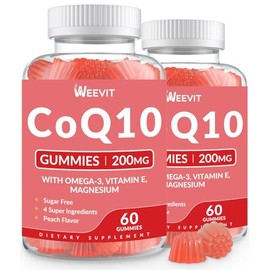 WEEVIT Gomitas de CoQ10 sin azúcar de 200 mg, gomitas de coenzima Q10 (ubiquinona) para adultos, suplemento de CoQ10 con omega-3, magnesio, energía y 