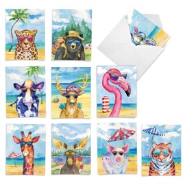 Animal's Day Off - 10 Boxed Assorted Blank Greeting Cards with Envelopes (4 x 5.12 Inch) - Cute Animal, Wildlife Watercolor Vacation Note Cards - All Occasion Notecards for Kids AM6670OCB-B1x10