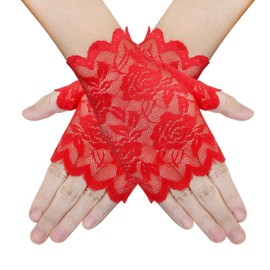 PPhtony Women Short Lace Gloves 1920s Opera Evening Wedding Sunblock Fingerless Bridal Floral Gloves for Girls (Red)