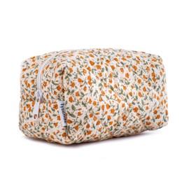 LYSANDE - Bolsa de maquillaje acolchada con flores, bolsa de cosméticos, bolsa acolchada floral, bolsa de cosméticos, Flores Naranja, Bolsa de maquillaje acolchada floral