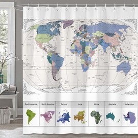 iTapnoom World Map Shower Curtain for Kids Boys 72x72 in Polyester Fabric Waterproof Bath Curtain with 12 Hooks