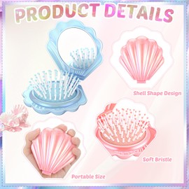 Meanplan 12 Pcs Mini Foldable Travel Hair Brush with Mirror Shell Shape Pocket Makeup Mirror Compact Hair Massage Comb Brush for Women Girls Hairstyles Bridal Shower Gift Party Supplies (Blue&pink)