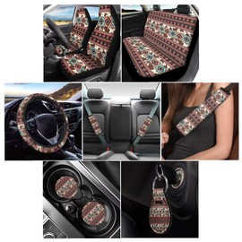 Wanyint Aztec Brown Cow Print Red Car Accessories Full Set, Universal Car Seat Covers Steering Wheel Cover Seat Belt Pad Cup Holder Key Chains 11 PCS Car Accessories Fit for Most Vehicles