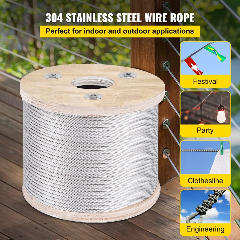 VEVOR 3/16 T304 Stainless Steel Cable 250FT, 3700 LBS Breaking