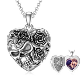 Skull Locket Necklace Sterling Silver Rose Flower Skull Heart Locket Necklace That Holds Pictures Locket Necklace Skull Gothic Jewelry Gift for Women Men (Skull Locket 01)